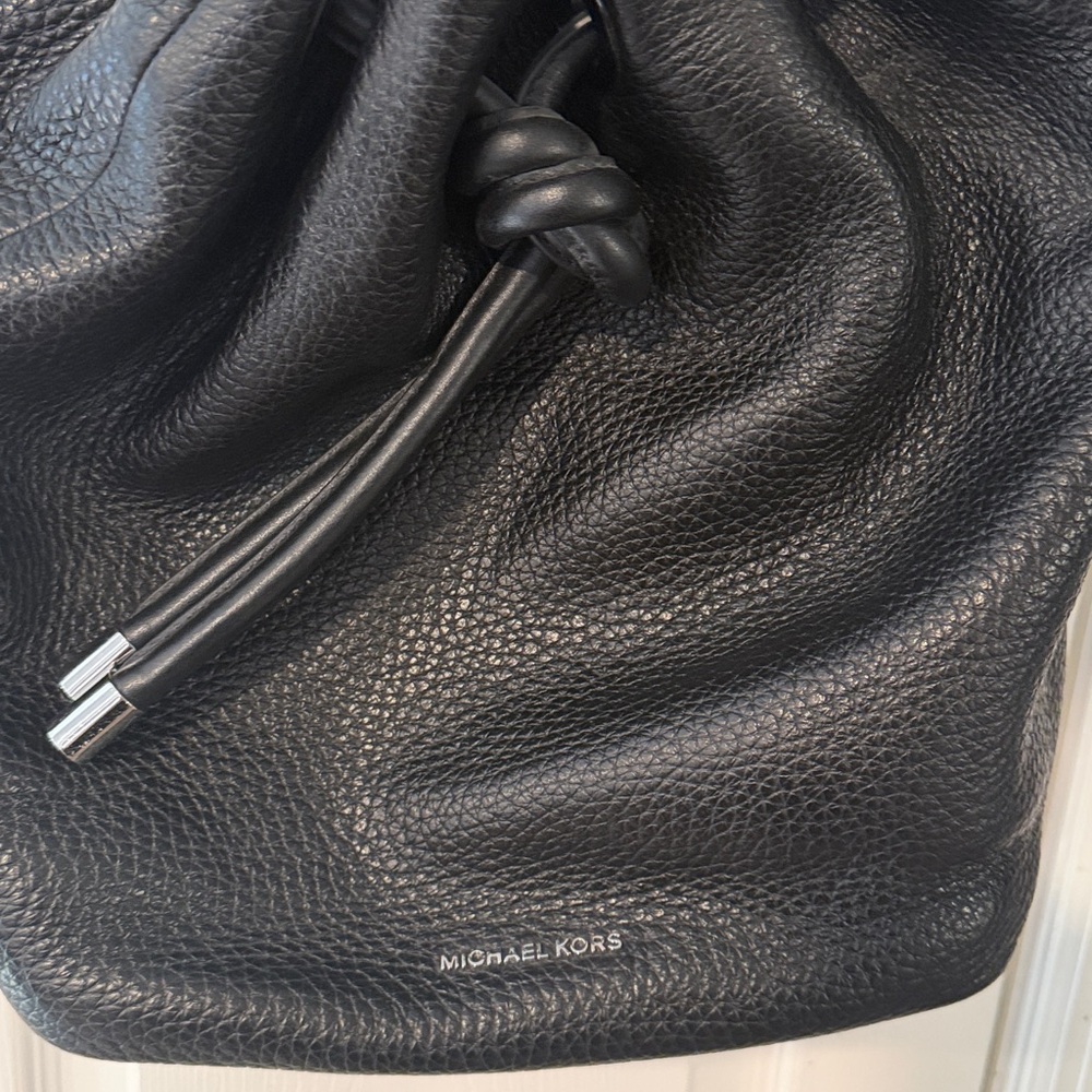 Michael Kors Black Dalia Pebbled Leather Drawstring Backpack - Picture 2 of 8